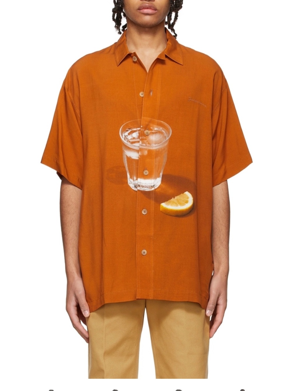 Jacquemus Orange Short-Sleeve Button-Down Shirt with Glass & Citrus Print